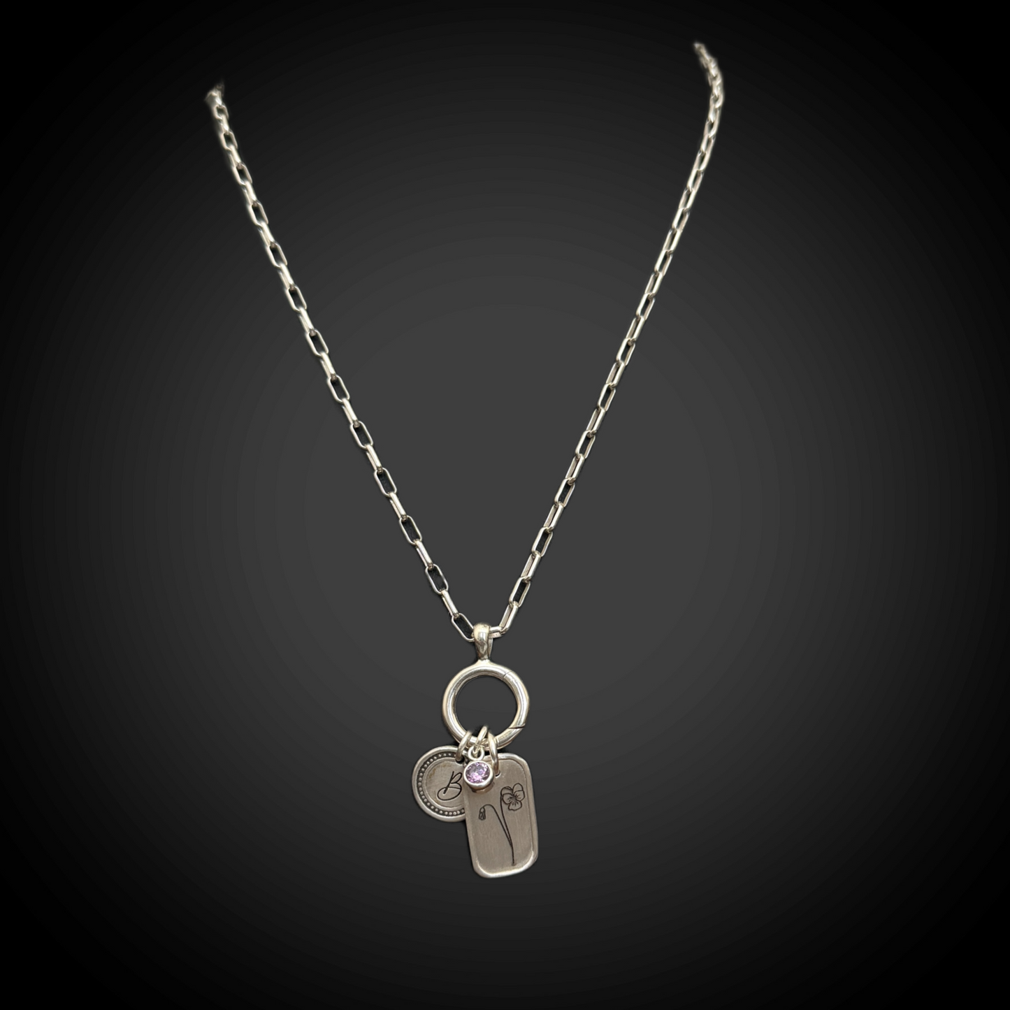 Personalized February Birth Month Violet Flower Charm: Amethyst CZ Birthstone, Hinged Charm Holder to add charms, Sterling Silver Pendant