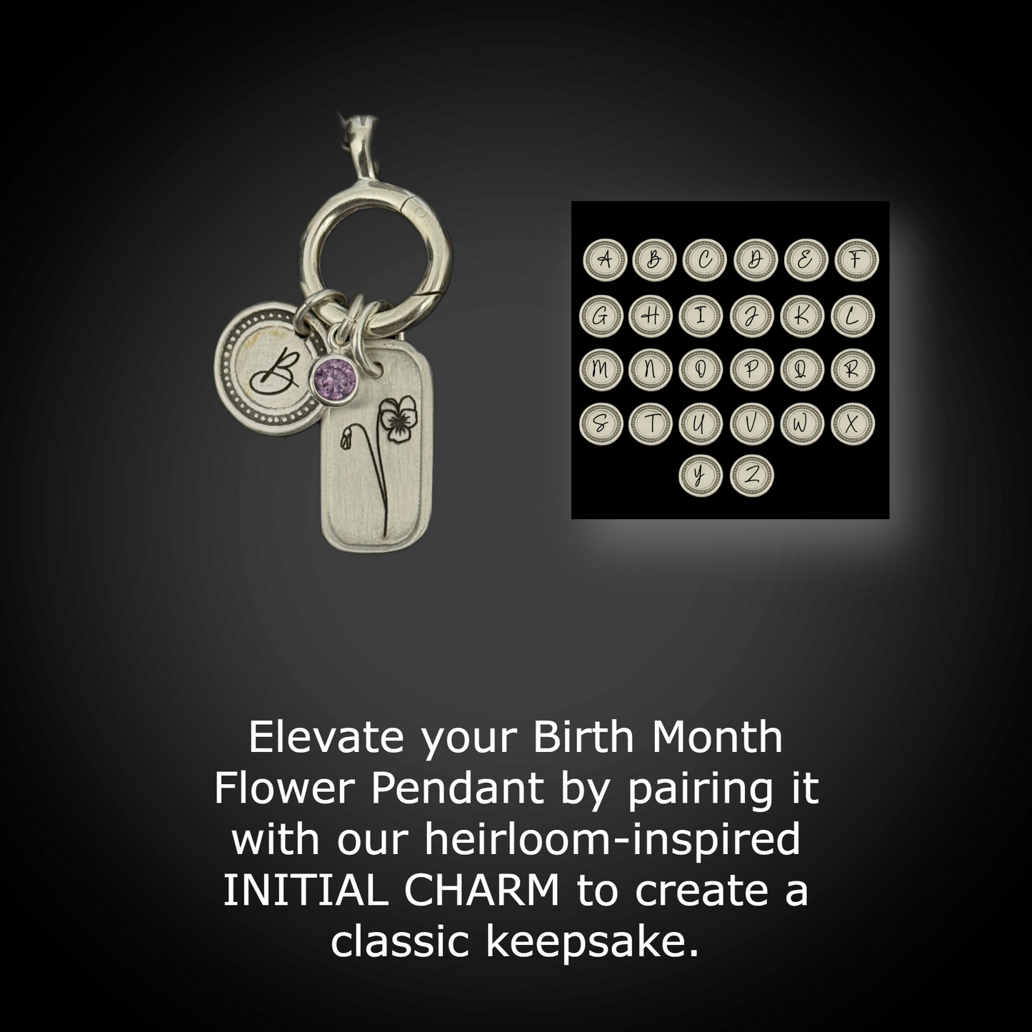 Personalized February Birth Month Violet Flower Charm: Amethyst CZ Birthstone, Hinged Charm Holder to add charms, Sterling Silver Pendant