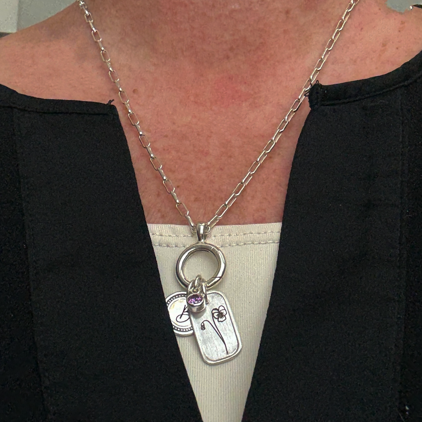 Personalized February Birth Month Violet Flower Charm: Amethyst CZ Birthstone, Hinged Charm Holder to add charms, Sterling Silver Pendant