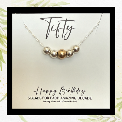 50th Birthday Necklace: Sterling Silver & Gold Filled Beads