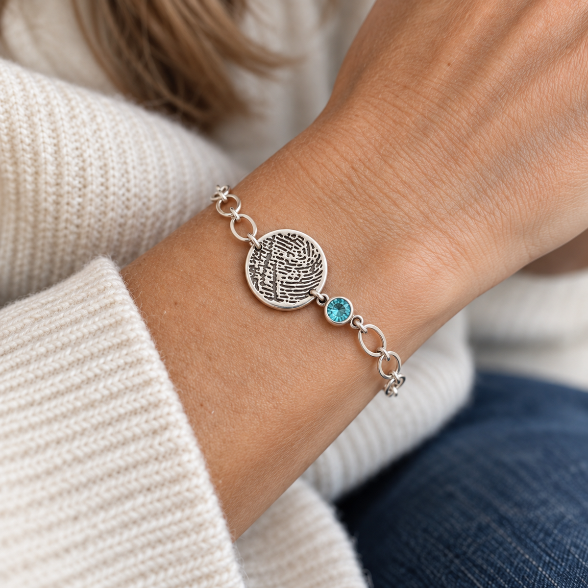 Fingerprint Charm & Birthstone CZ Bracelet for Women | Personalized Classic Sterling Chain