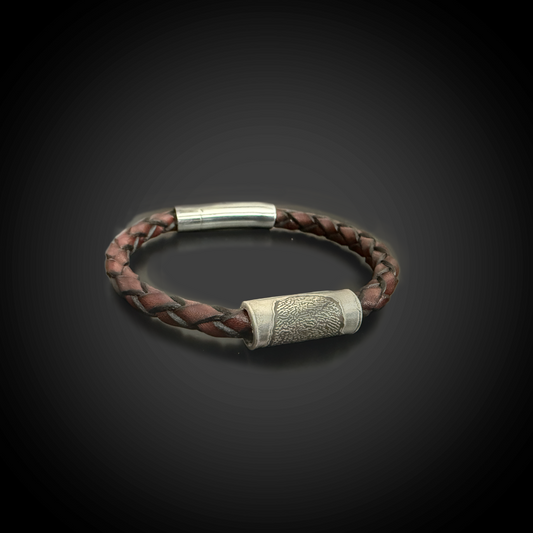 full fingerprint image on sterling bead on brown leather bracelet