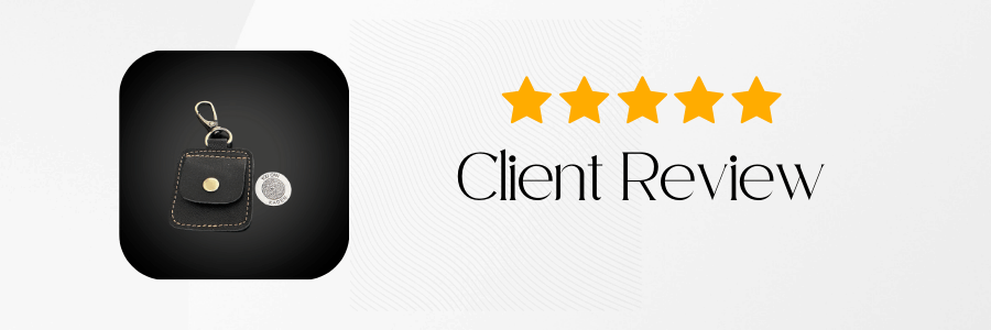 Black leather pouch with a keychain on a white background, accompanied by five yellow stars and 'Client Review' text.