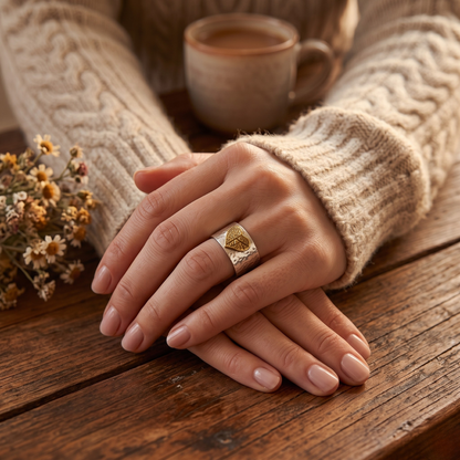 Wide Band Textured Fingerprint Heart Ring — Sterling Silver with 24K Gold-Plated Detail
