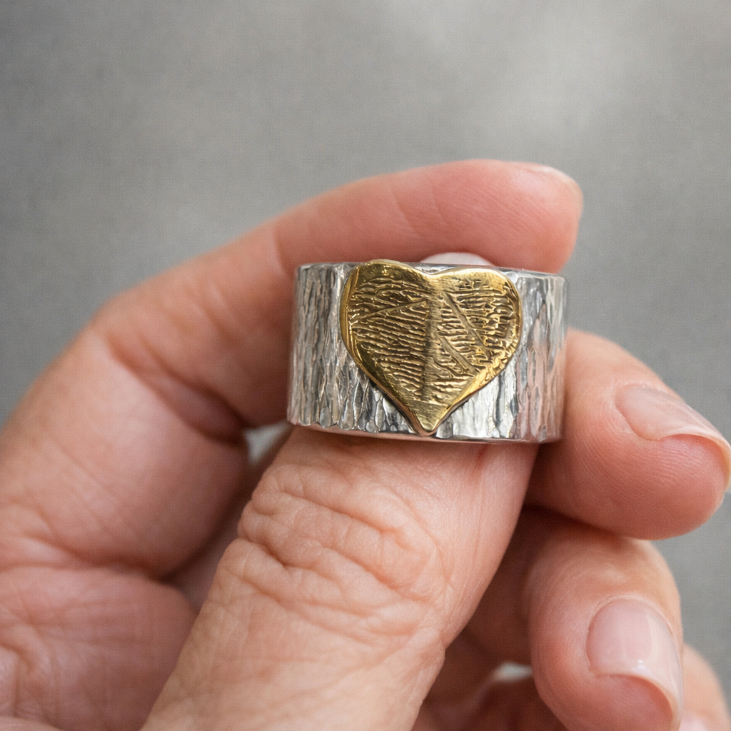 Wide Band Textured Fingerprint Heart Ring — Sterling Silver with 24K Gold-Plated Detail