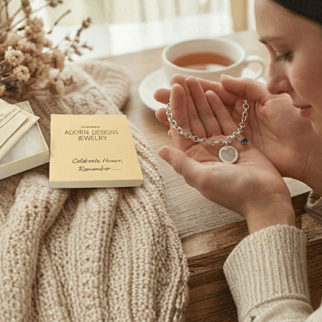 Classic Sterling Silver Charm Bracelet w/ Fingerprint & Birthstone CZ