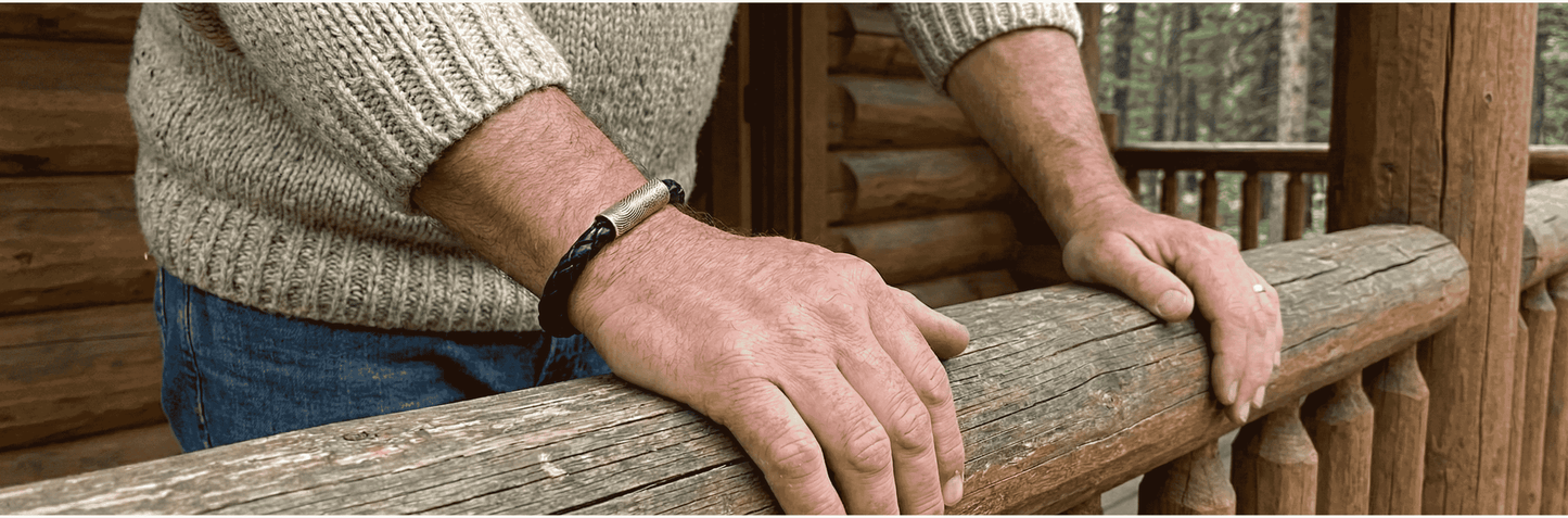 Fingerprint Bracelet — Braided Italian Leather with Sterling Silver Tube Bead (Black)
