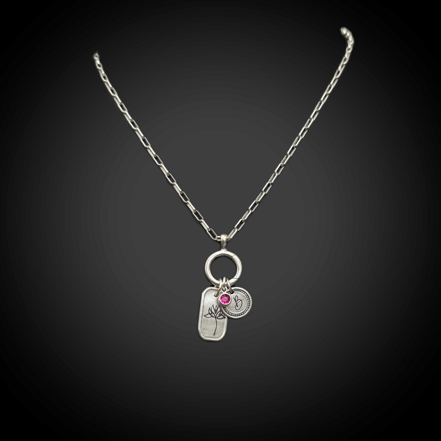 Personalized July Birth Month Water Lily Flower Charm: Ruby CZ Birthstone, Hinged Charm Holder to easily add charms, Sterling Silver Pendant