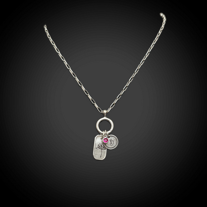 Personalized July Birth Month Water Lily Flower Charm: Ruby CZ Birthstone, Hinged Charm Holder to easily add charms, Sterling Silver Pendant