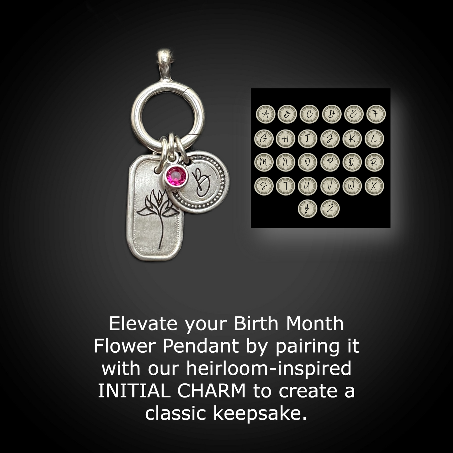 Personalized July Birth Month Water Lily Flower Charm: Ruby CZ Birthstone, Hinged Charm Holder to easily add charms, Sterling Silver Pendant