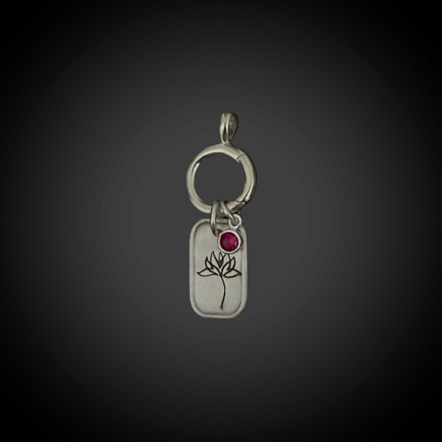 Personalized July Birth Month Water Lily Flower Charm: Ruby CZ Birthstone, Hinged Charm Holder to easily add charms, Sterling Silver Pendant