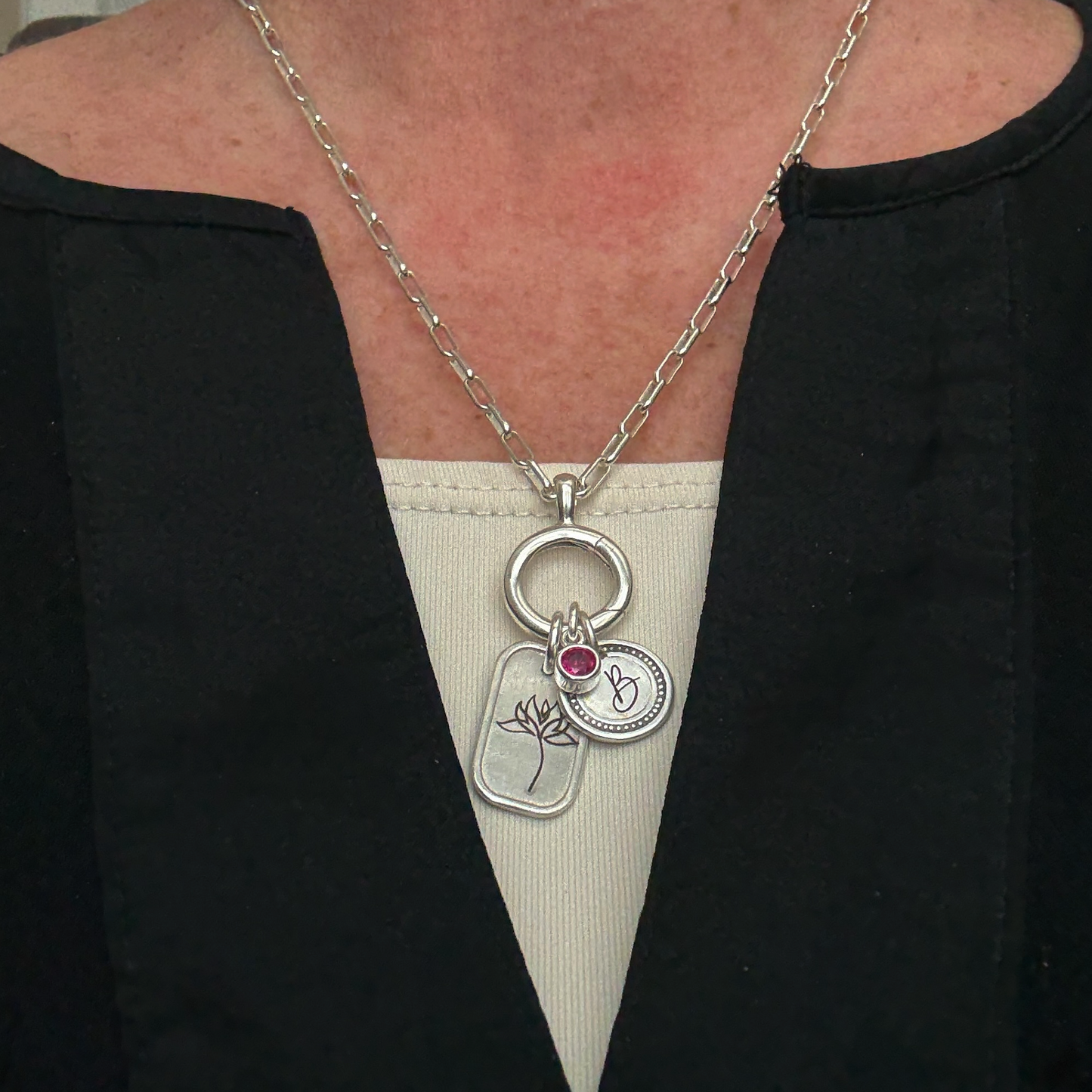 Personalized July Birth Month Water Lily Flower Charm: Ruby CZ Birthstone, Hinged Charm Holder to easily add charms, Sterling Silver Pendant
