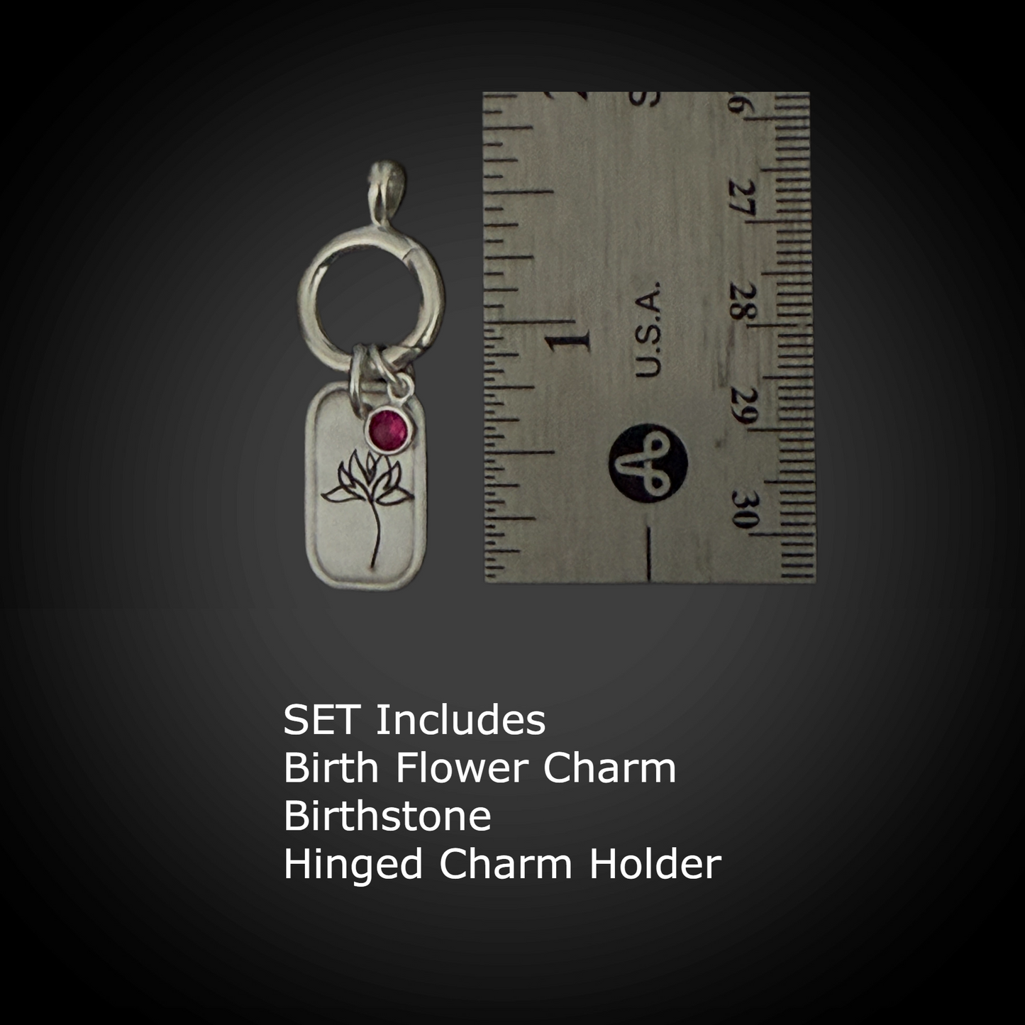Personalized July Birth Month Water Lily Flower Charm: Ruby CZ Birthstone, Hinged Charm Holder to easily add charms, Sterling Silver Pendant