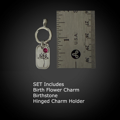 Personalized July Birth Month Water Lily Flower Charm: Ruby CZ Birthstone, Hinged Charm Holder to easily add charms, Sterling Silver Pendant