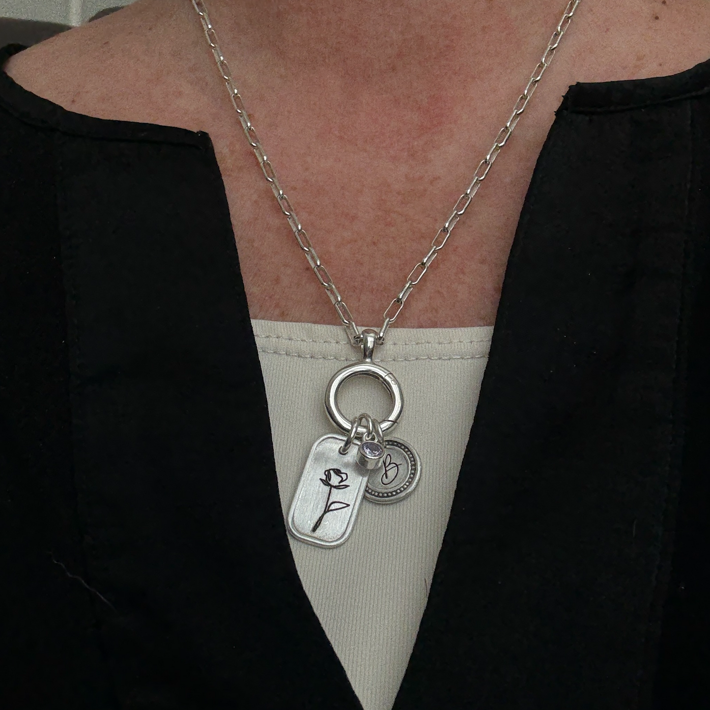 Personalized June Birth Month Rose Flower Charm: Alexandrite CZ Sterling Silver Pendant, Hinged Charm Holder can easily add charms
