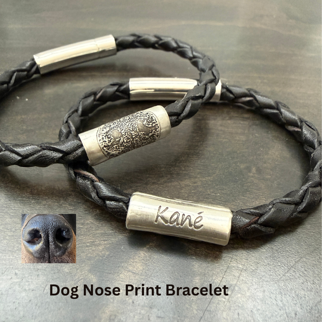 Dog Nose or Paw Print Memorial - Braided Leather Bracelet w/ Sterling Silver Tube Bead