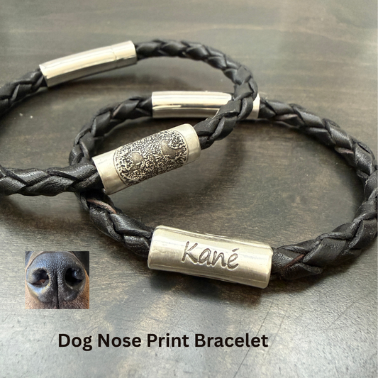 Dog Nose or Paw Print Memorial - Braided Leather Bracelet w/ Sterling Silver Tube Bead