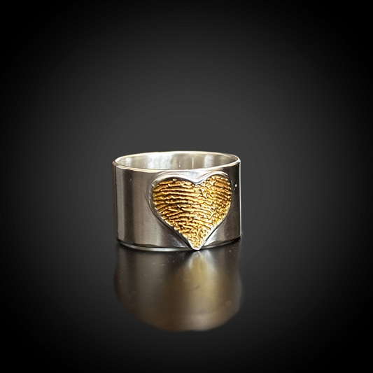 Wide Band Fingerprint Heart Ring — Sterling Silver with 24K Gold-Plated Detail