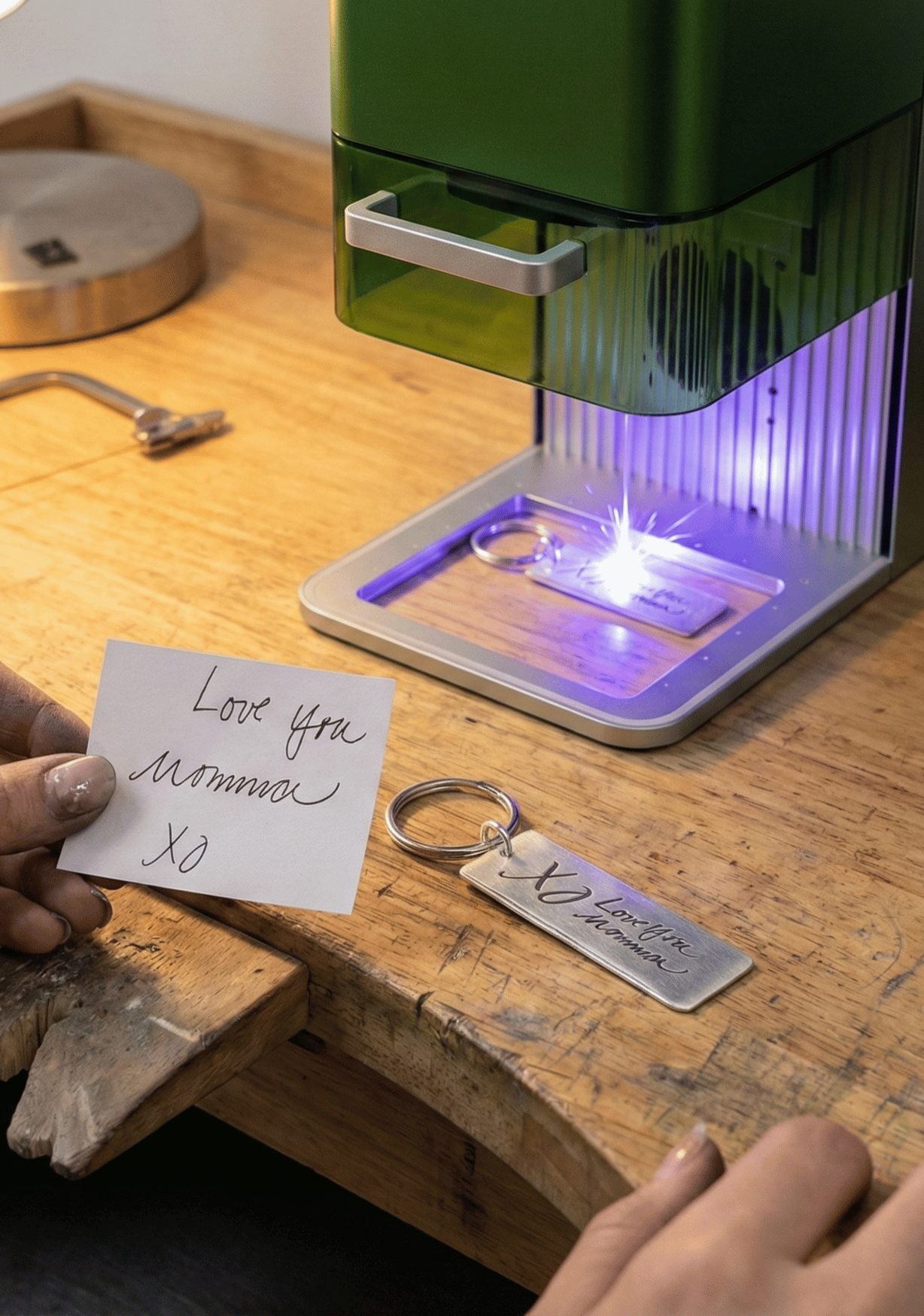 Person holding a card with 'Love you Mommy xoxo' next to a keychain and laser engraving machine on a wooden table.