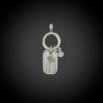 Personalized March Birth Month Daffodil Flower Charm: Aquamarine CZ Birthstone, Hinged Charm Holder to add charms, Sterling Silver Pendant