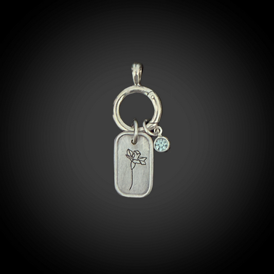 Personalized March Birth Month Daffodil Flower Charm: Aquamarine CZ Birthstone, Hinged Charm Holder to add charms, Sterling Silver Pendant