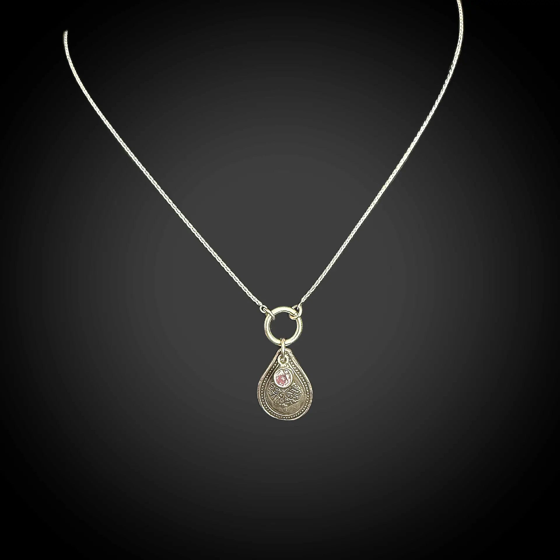 Sterling silver October birth flower necklace with marigold engraving and pink tourmaline CZ stone by Adorn Designs Jewelry.