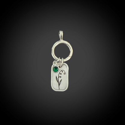 Personalized May Birth Month Lily of the Valley Flower Charm: Emerald CZ Birthstone, Hinged Charm Holder add charms, Sterling Silver Pendant