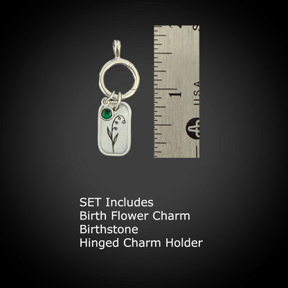 Personalized May Birth Month Lily of the Valley Flower Charm: Emerald CZ Birthstone, Hinged Charm Holder add charms, Sterling Silver Pendant