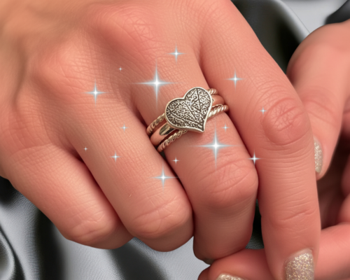 Close-up of a hand wearing two silver heart-shaped rings with sparkling effects.
