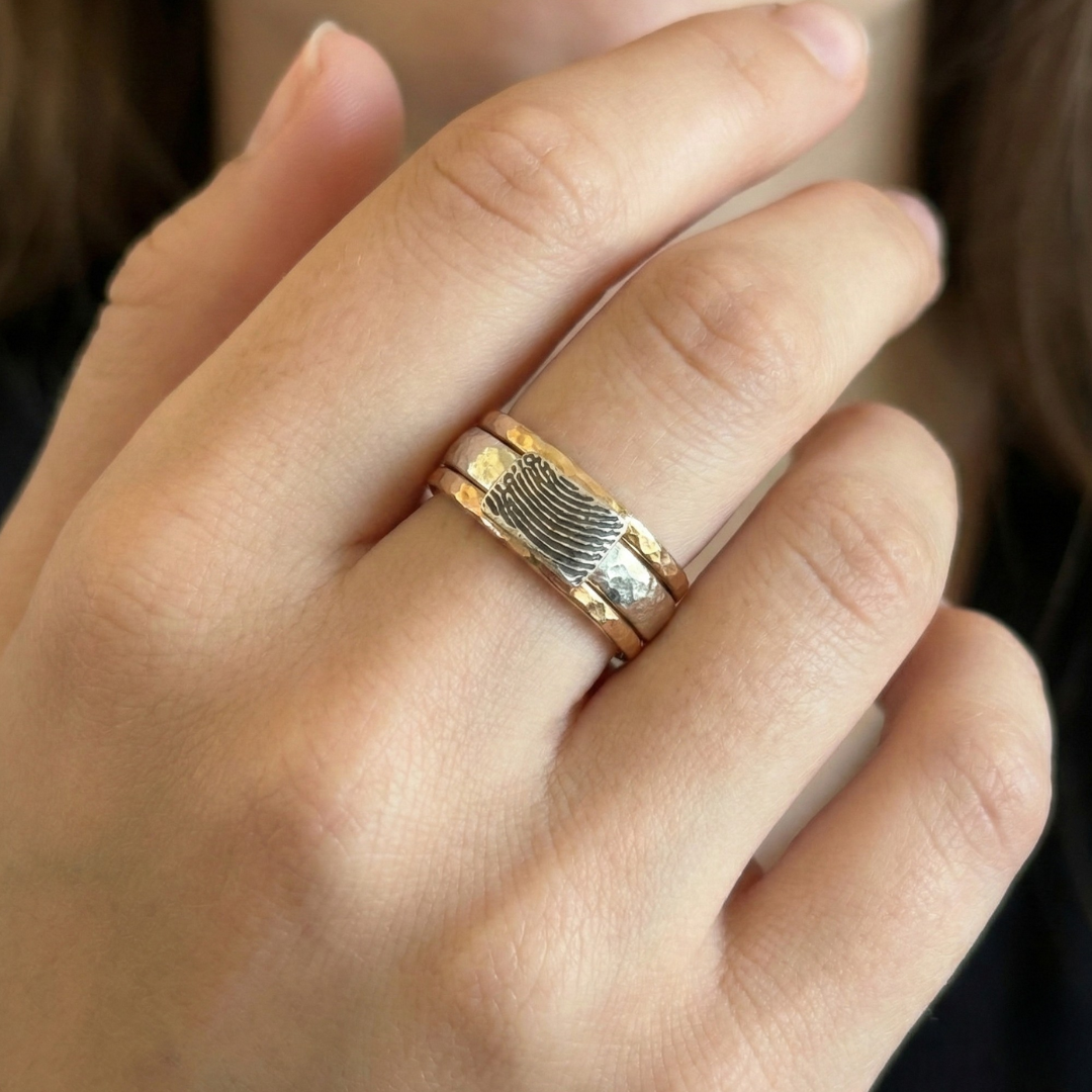 Fingerprint Stacking Rings — Mixed Metal Hammered Sterling & 14K Gold Filled