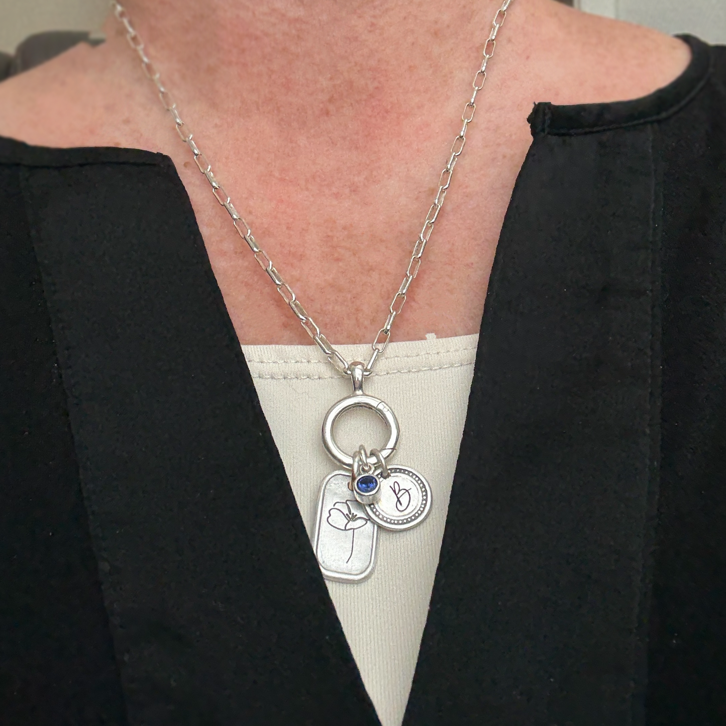Personalized September Birth Month Morning Glory Flower Charm: Sapphire CZ Birthstone, Hinged Charm Holder can add charms, Sterling Silver