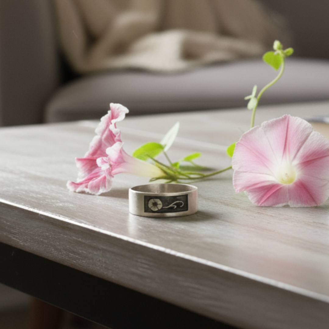 September birth month flower ring surrounded by Morning Glory Flower
