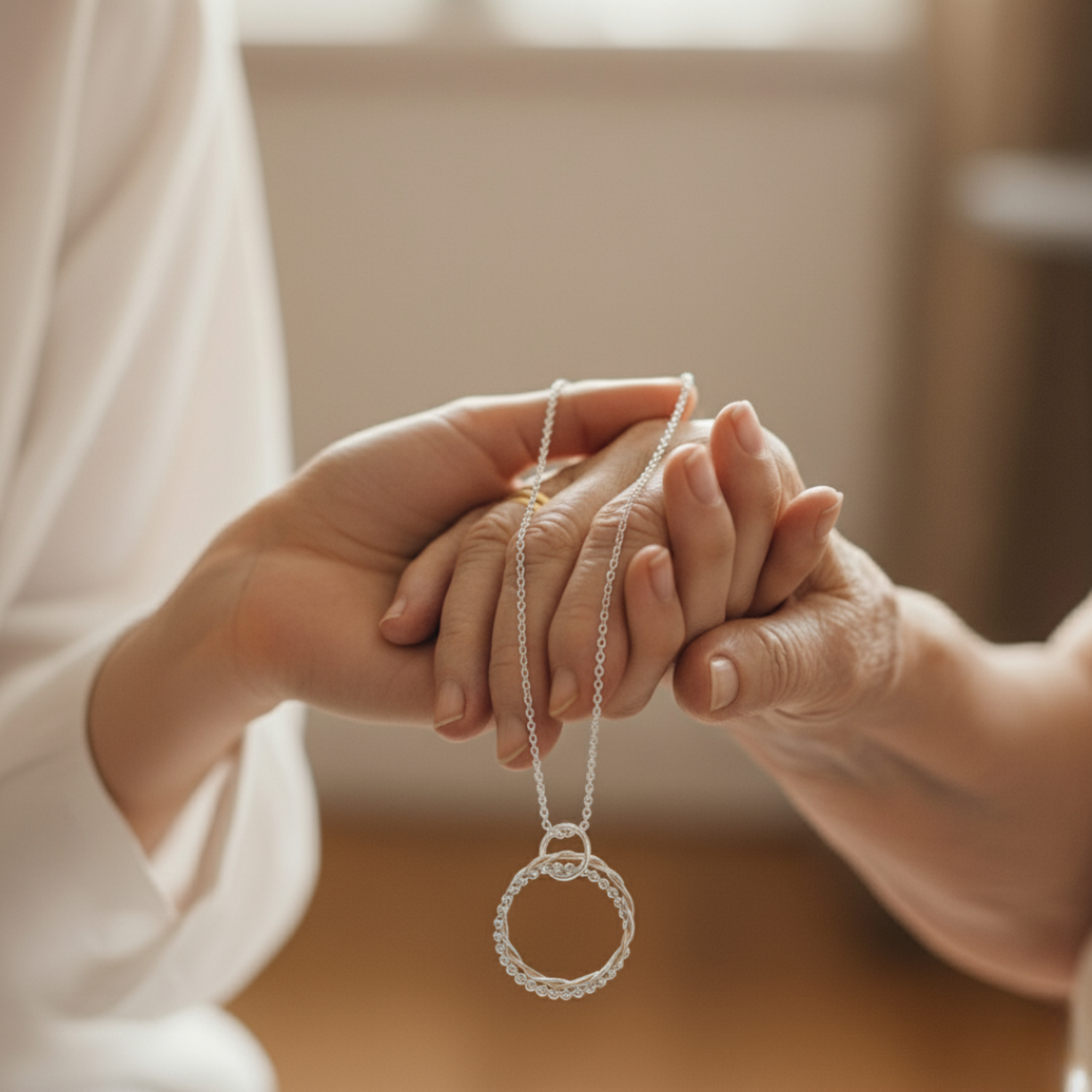 Two pairs of hands holding a silver necklace with a circular pendant.