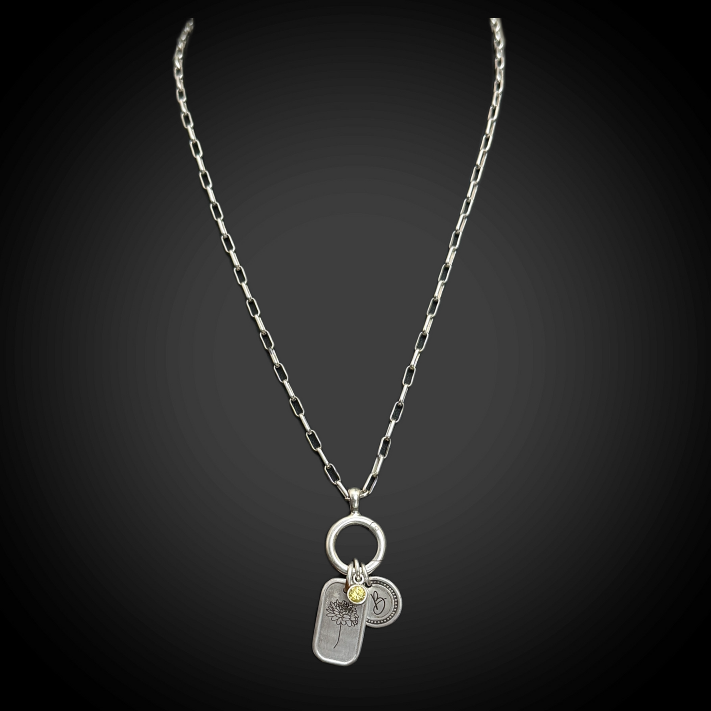 Personalized November Birth Month Chrysanthemum Flower Charm: Citrine CZ Birthstone, Hinged Charm Holder easily add charms, Sterling Silver