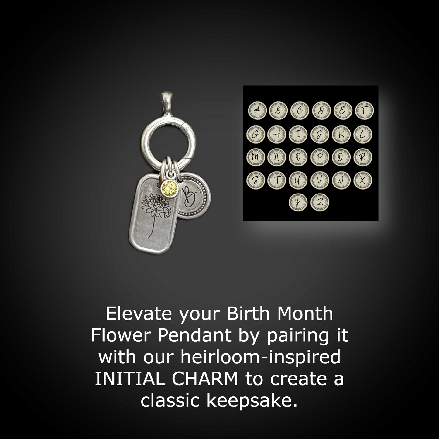 Personalized November Birth Month Chrysanthemum Flower Charm: Citrine CZ Birthstone, Hinged Charm Holder easily add charms, Sterling Silver