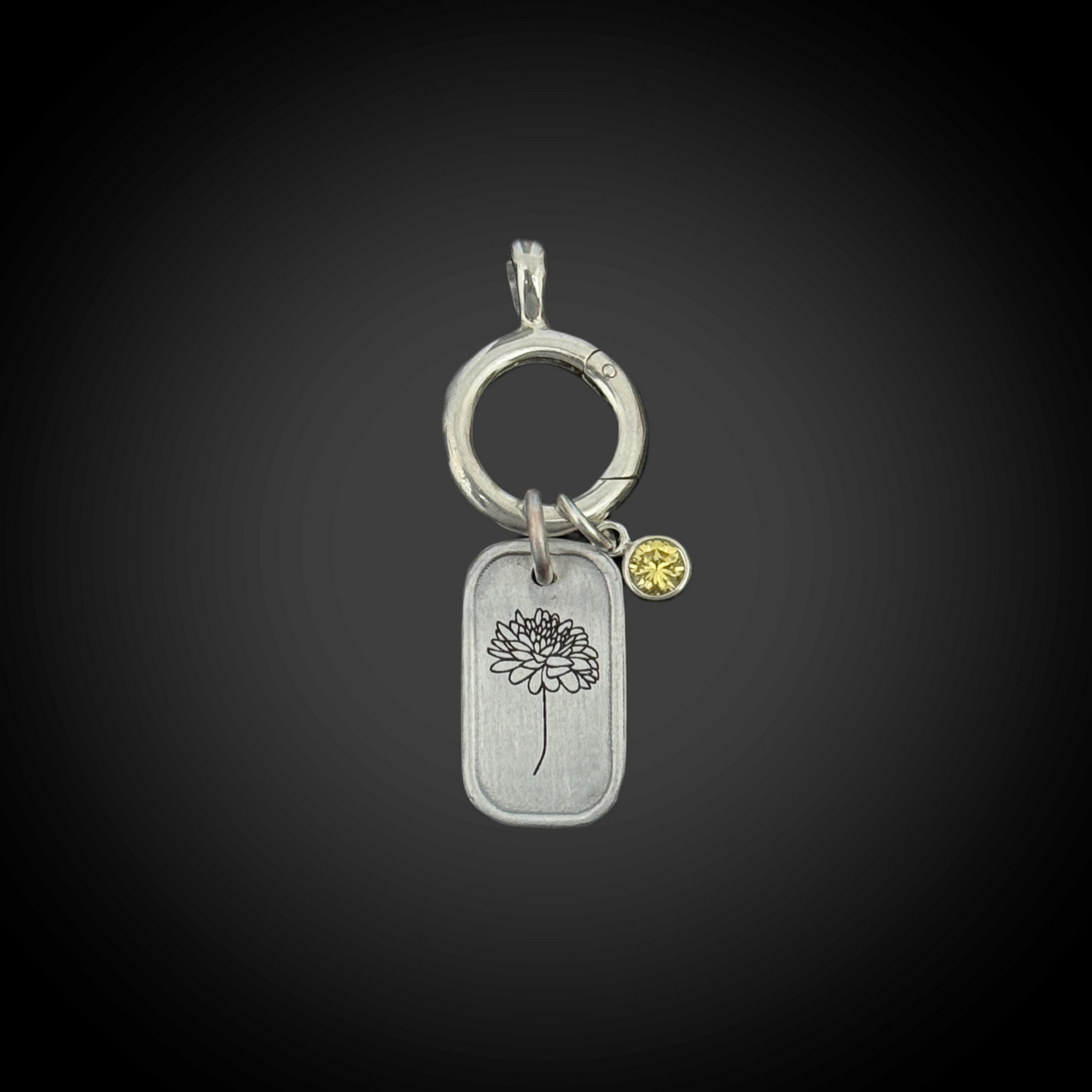 Personalized November Birth Month Chrysanthemum Flower Charm: Citrine CZ Birthstone, Hinged Charm Holder easily add charms, Sterling Silver