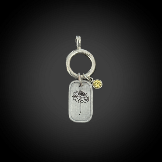 Personalized November Birth Month Chrysanthemum Flower Charm: Citrine CZ Birthstone, Hinged Charm Holder easily add charms, Sterling Silver