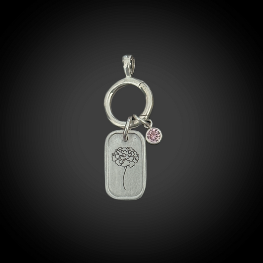 Personalized October Birth Month Flower Charm: Tourmaline CZ Birthstone, Hinged Charm Holder easily add charms, Sterling Silver Pendant