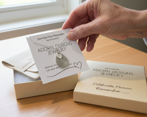 Hand holding a card with Adorn Designs jewelry branding on a wooden surface