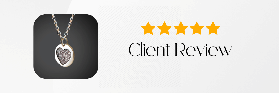 Heart-shaped pendant necklace with five-star rating and 'Client Review' text on a white background