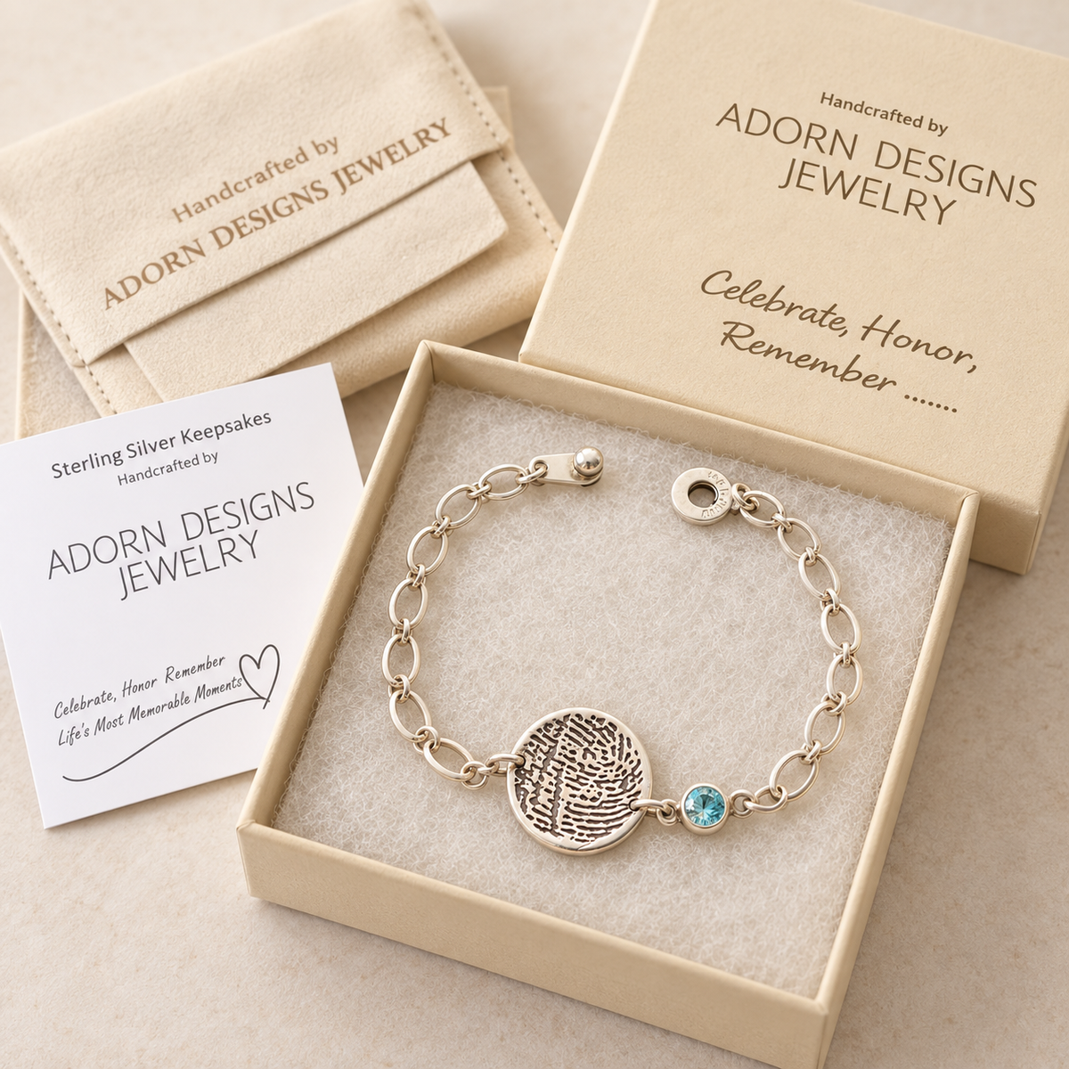 Fingerprint Charm & Birthstone CZ Bracelet for Women | Personalized Classic Sterling Chain
