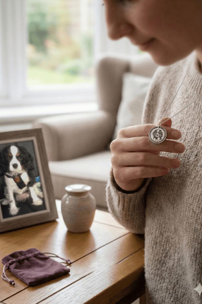 Person holding a pendant near a framed photo of a dog on a wooden table.