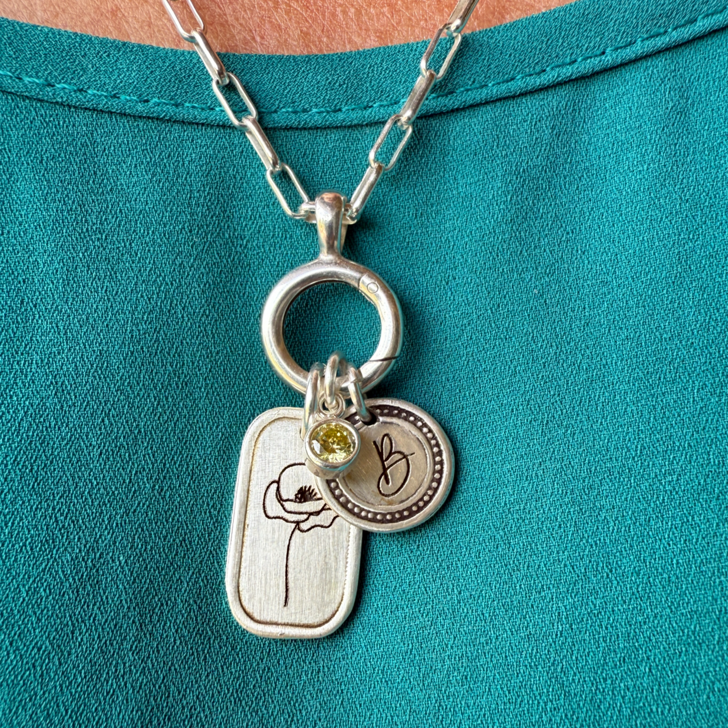 Personalized August Birth Month Poppy Flower Charm: Peridot CZ Birthstone, Hinged Charm Holder easily add charms, Sterling Silver Pendant