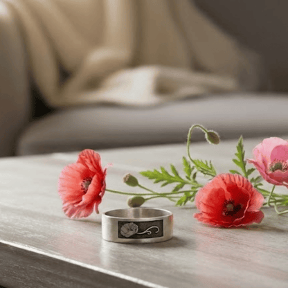 August birth month flower Poppy sterling silver ring
