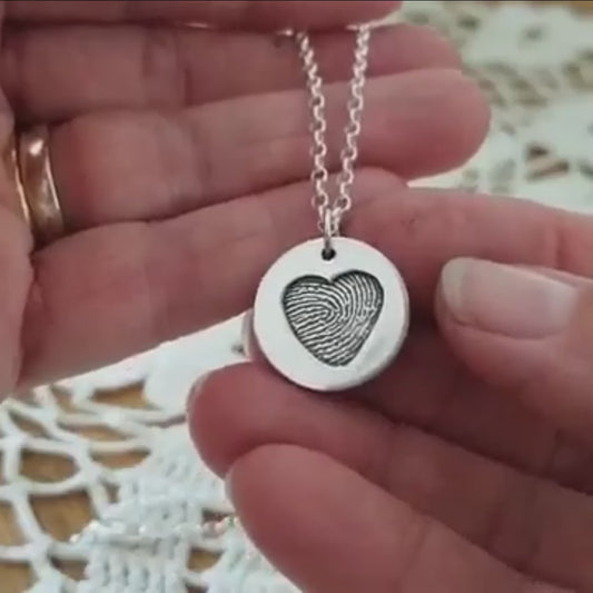 Fingerprint Heart Disk Necklace — Sterling Silver 5/8" Pendant