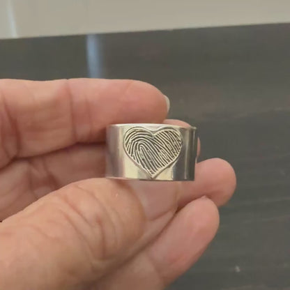 Wide Band Fingerprint Heart Ring — Sterling Silver, Optional Gold Plating