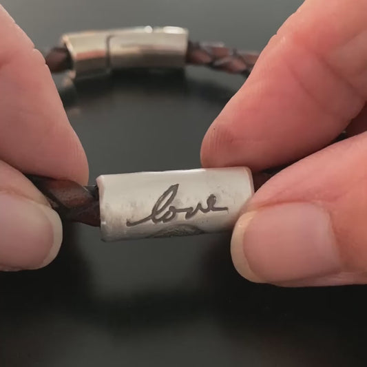 Fingerprint Bracelet — Braided Italian Brown Leather with Sterling Silver Tube Bead (Full Print, Men’s Favorite)