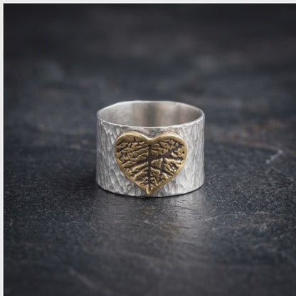 Wide Band Textured Fingerprint Heart Ring — Sterling Silver with 24K Gold-Plated Detail