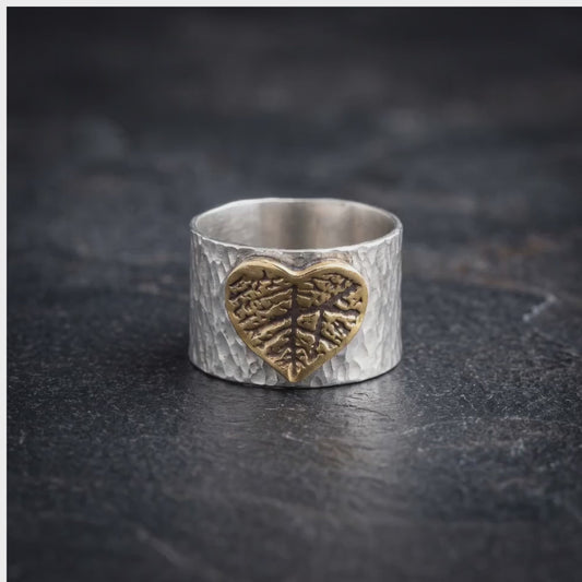 Wide Band Textured Fingerprint Heart Ring — Sterling Silver with 24K Gold-Plated Detail