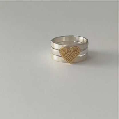 Wide Fingerprint Ring with 3 Sterling Silver Stacking Bands, 24k Gold Plate Fingerprint